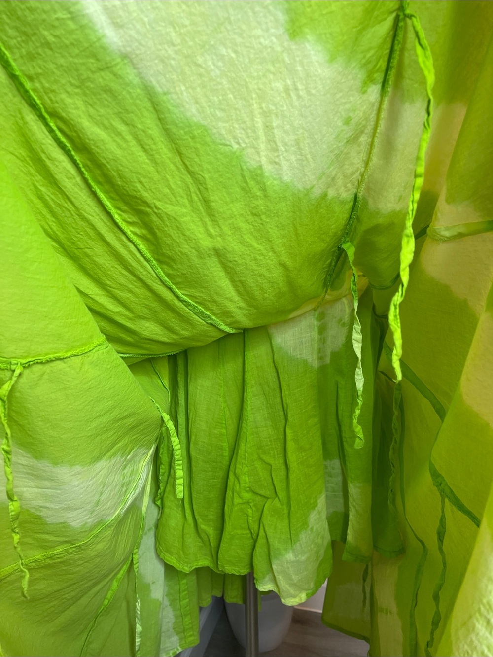 Artsy Boho Lagenlook French Bustle 100% Cotton Midi Dress Lime Green Tie Dye - Picture 11 of 15